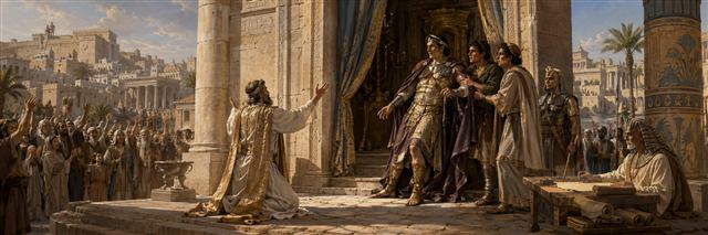 High priest Simon prays as Ptolemy falters before the sanctuary while officials prepare a registration decree